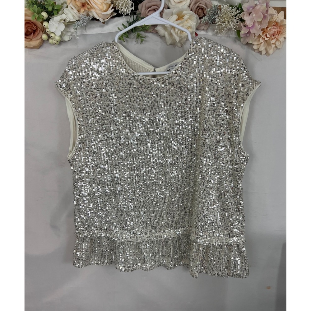 CeCe Womens Sequin Peplum Top Champagne Silver Sleeveless Party Blouse Large